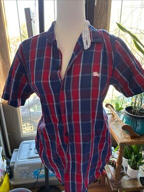 Burberry Red & Navy Plaid Short Sleeve Button-Down Shirt